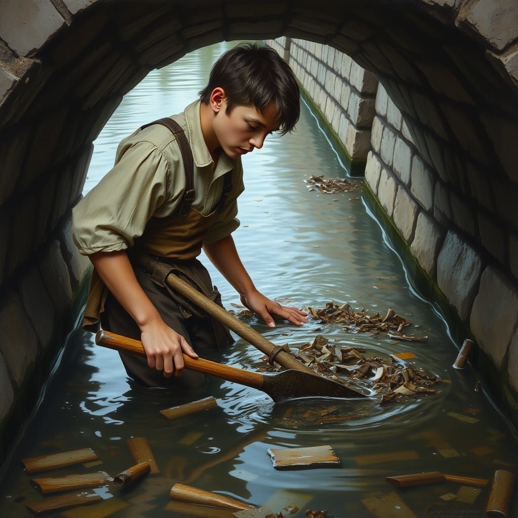 Medieval Laborer Clears Stagnant Drain Culvert
