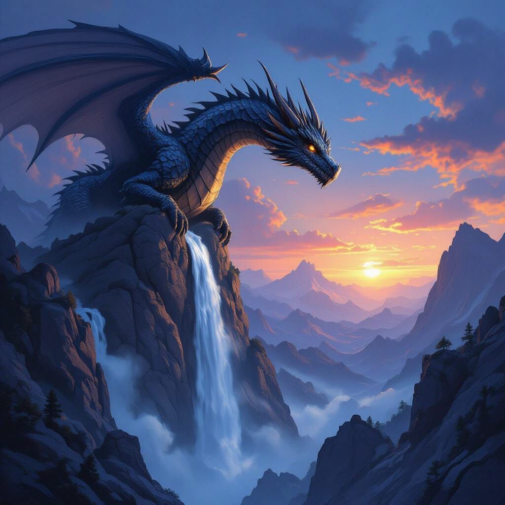 Majestic Earth Dragon Soars Over Mountain Waterfall