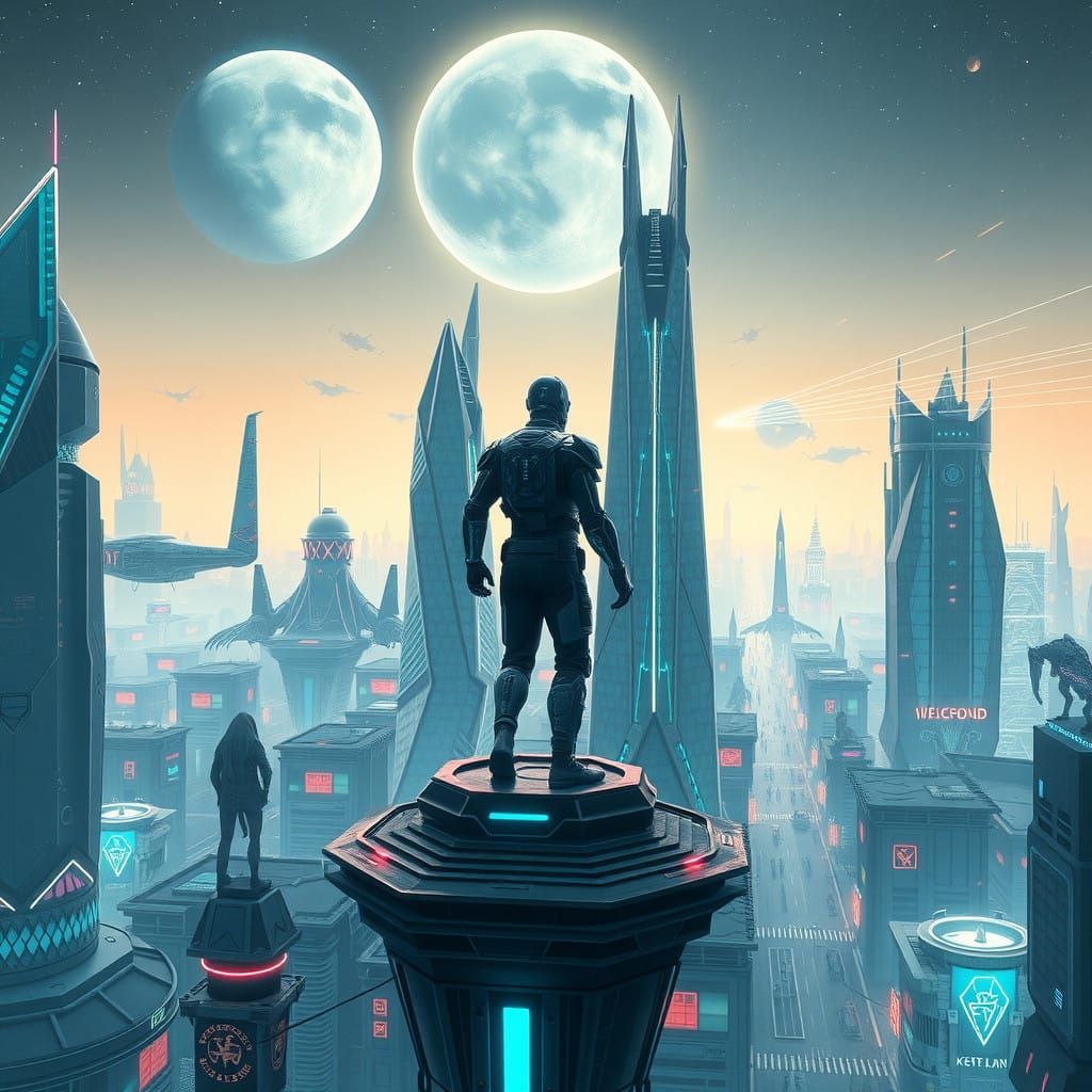 Futuristic Warrior Surveys Cosmic Cityscape