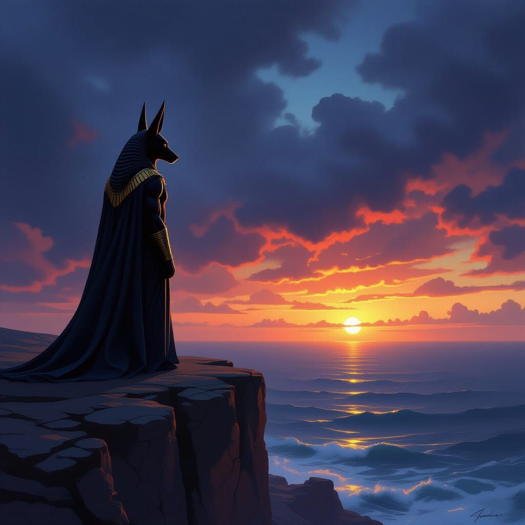 Gigantic Anubis Contemplates Stormy Ocean in Oil Painting St...