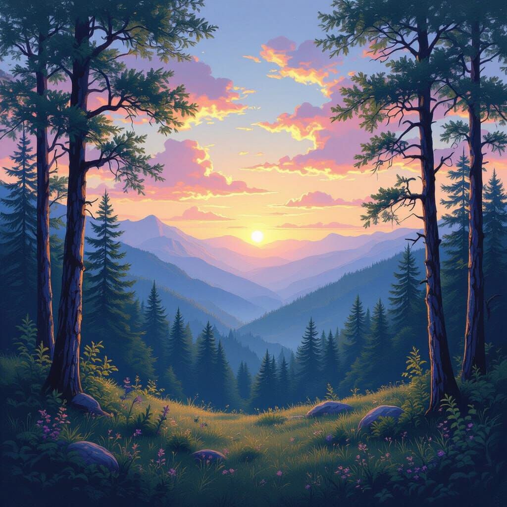 Sunset Over Forested Mountains in Ethereal Style