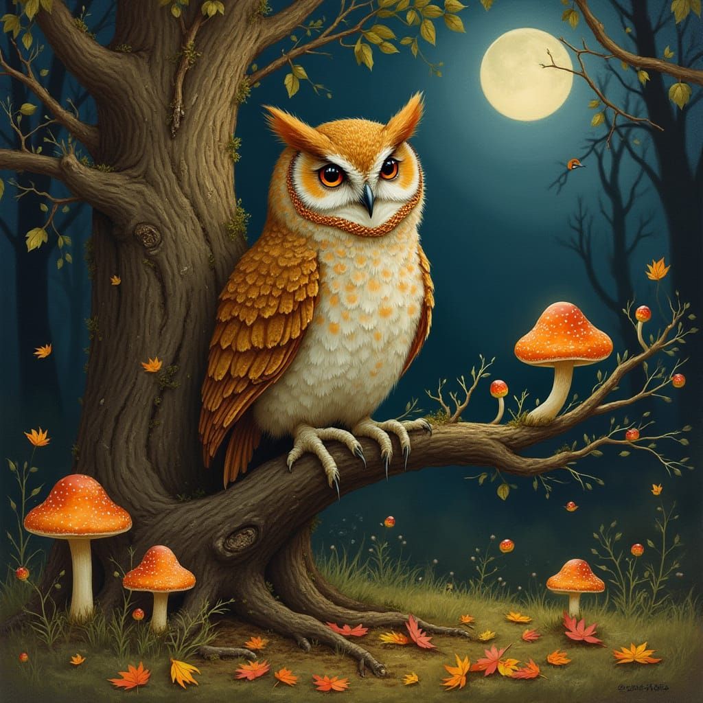 Wise Owl in Moonlit Forest Illustration