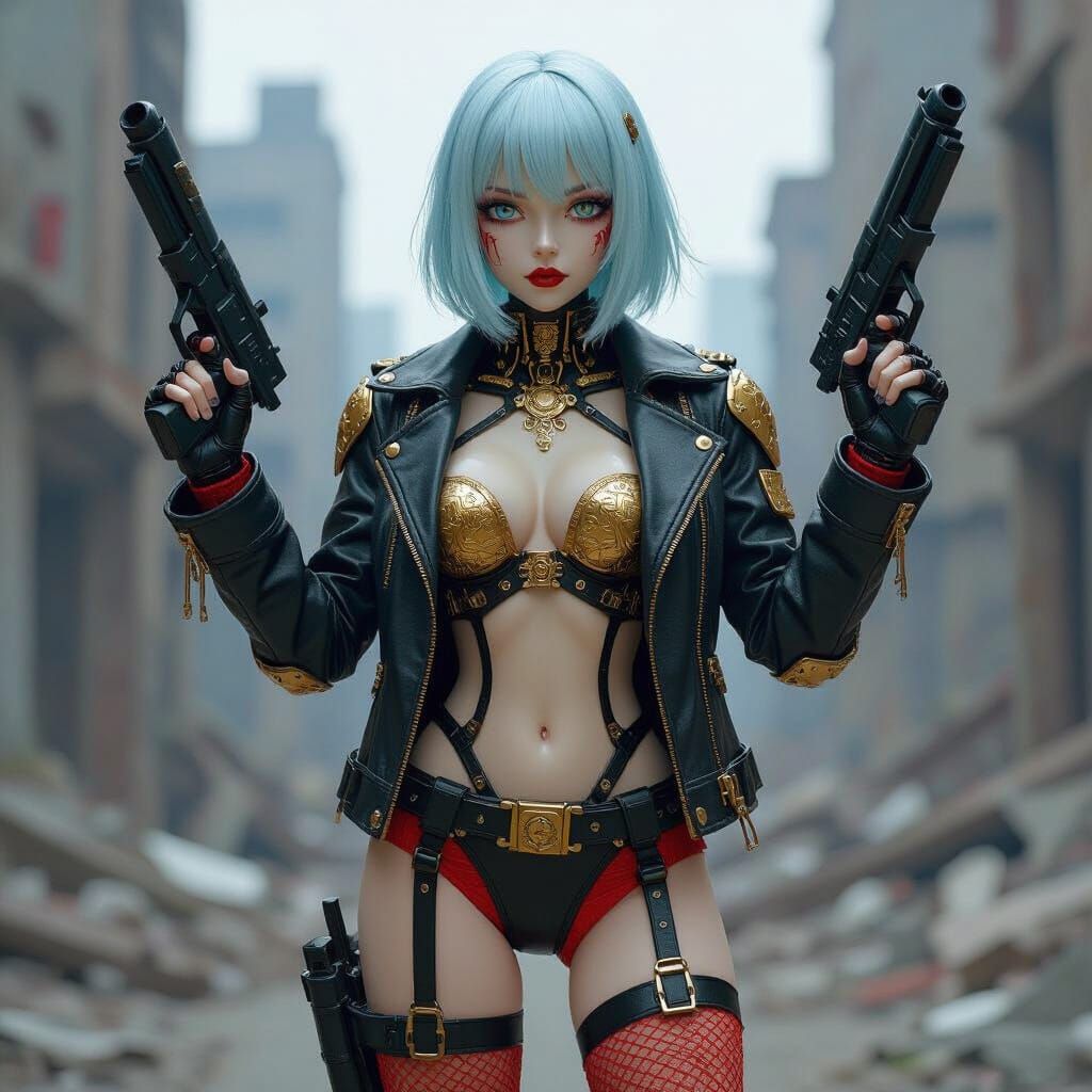 Cyborg Porcelain Doll in Ruined City, Futuristic Style