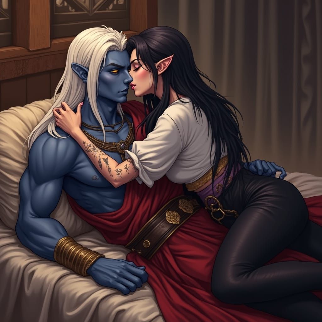 Passionate Drow and Half-Elf Embrace in Anime Style