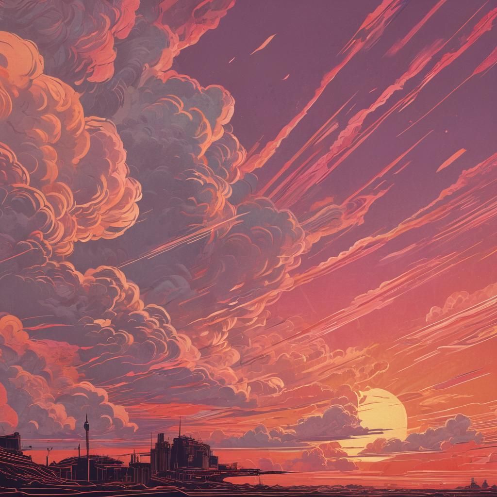 Golden Sunrise in Retro-Futuristic Linocut Style