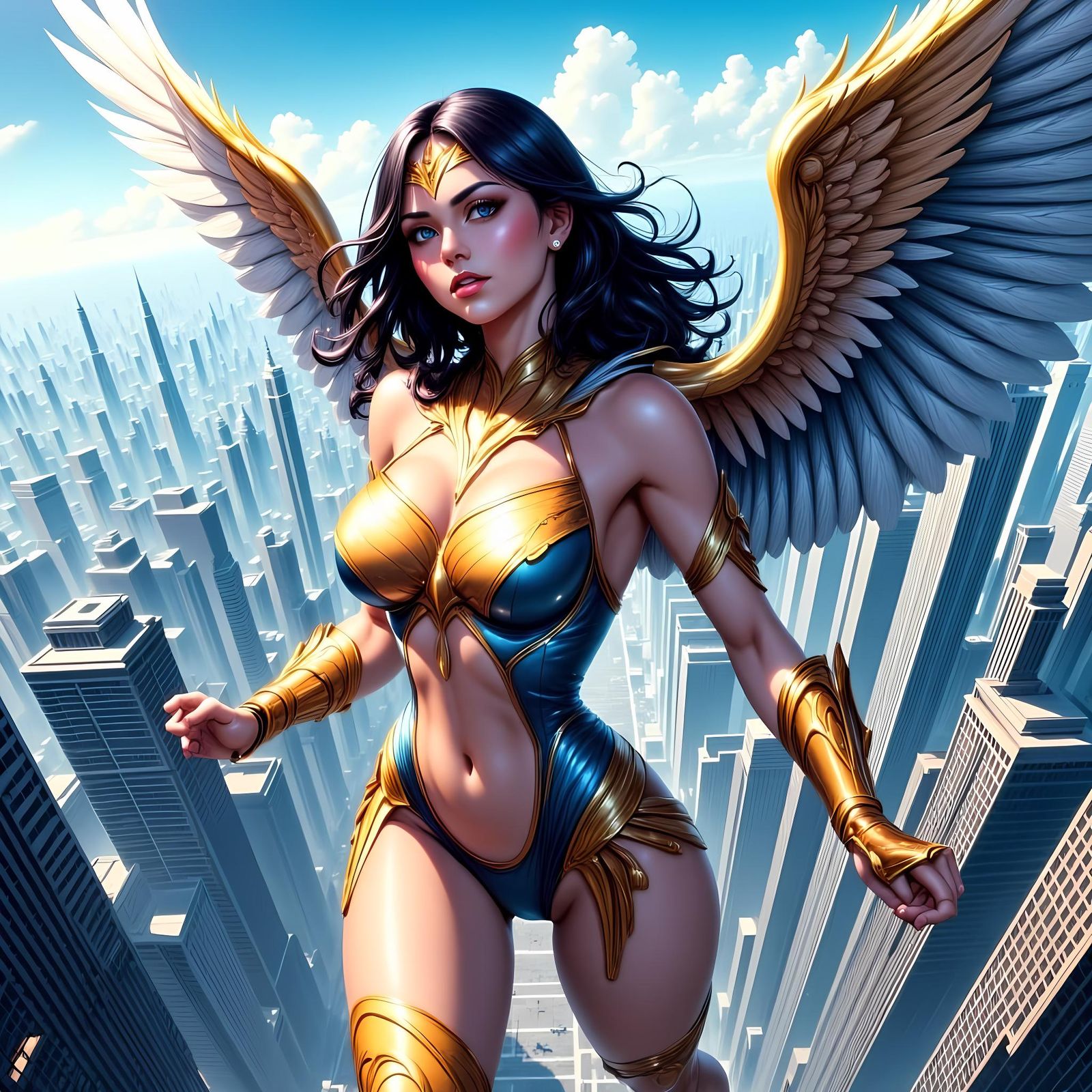 Eagle Superheroine Soaring Above City