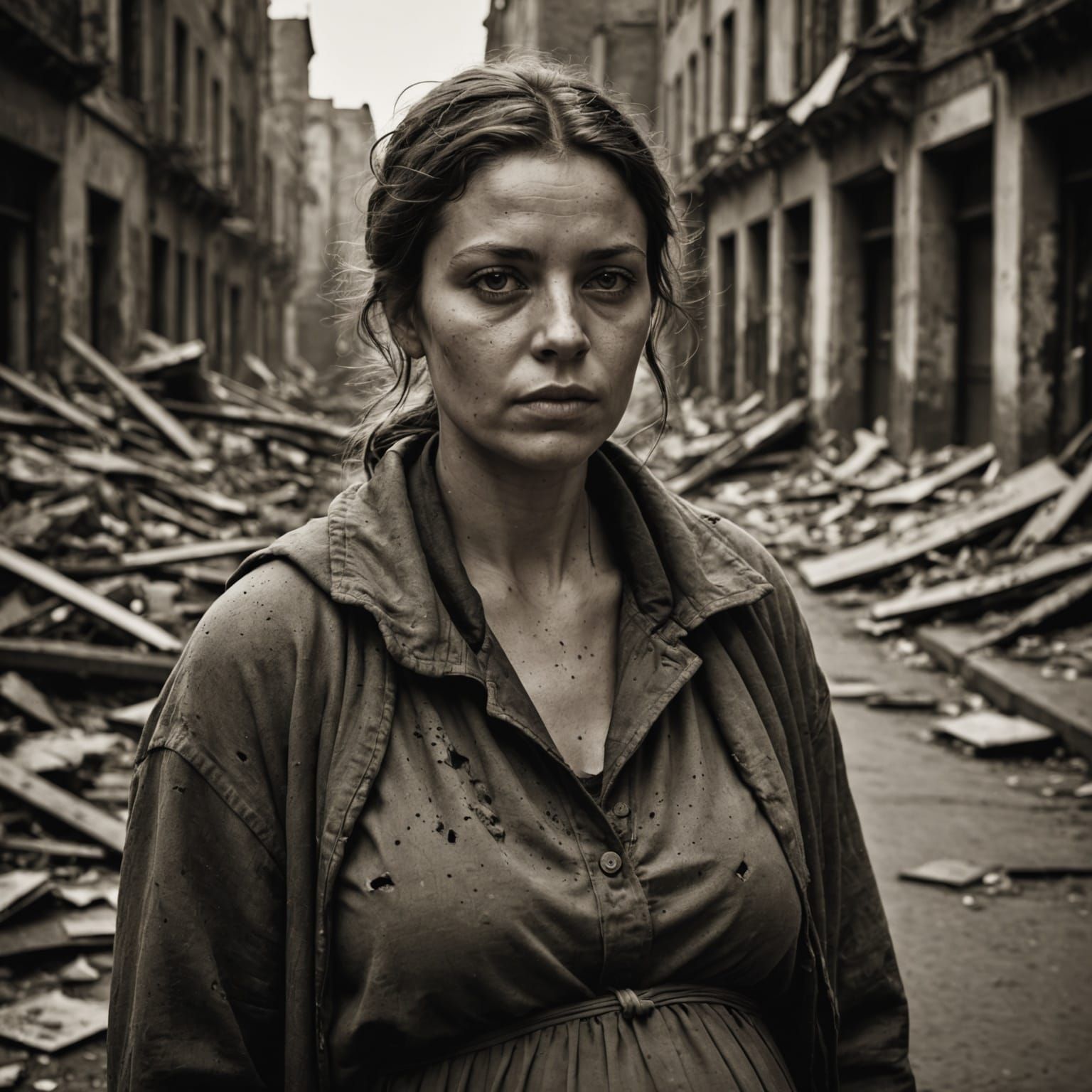 Sepia Portrait of Pregnant Woman in Destroyed City