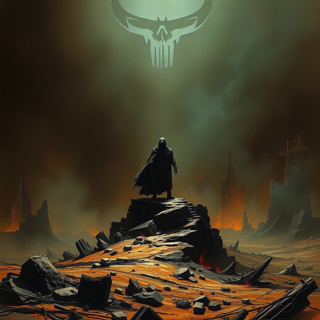 Imposing Figure Dominates Desolate, War-Torn Landscape in Da...