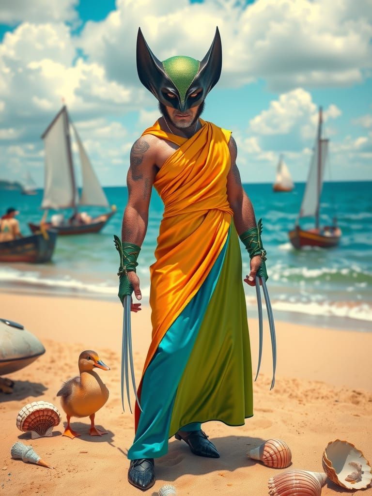 Wolverine in Silk Dress on Beach, Steampunk Style