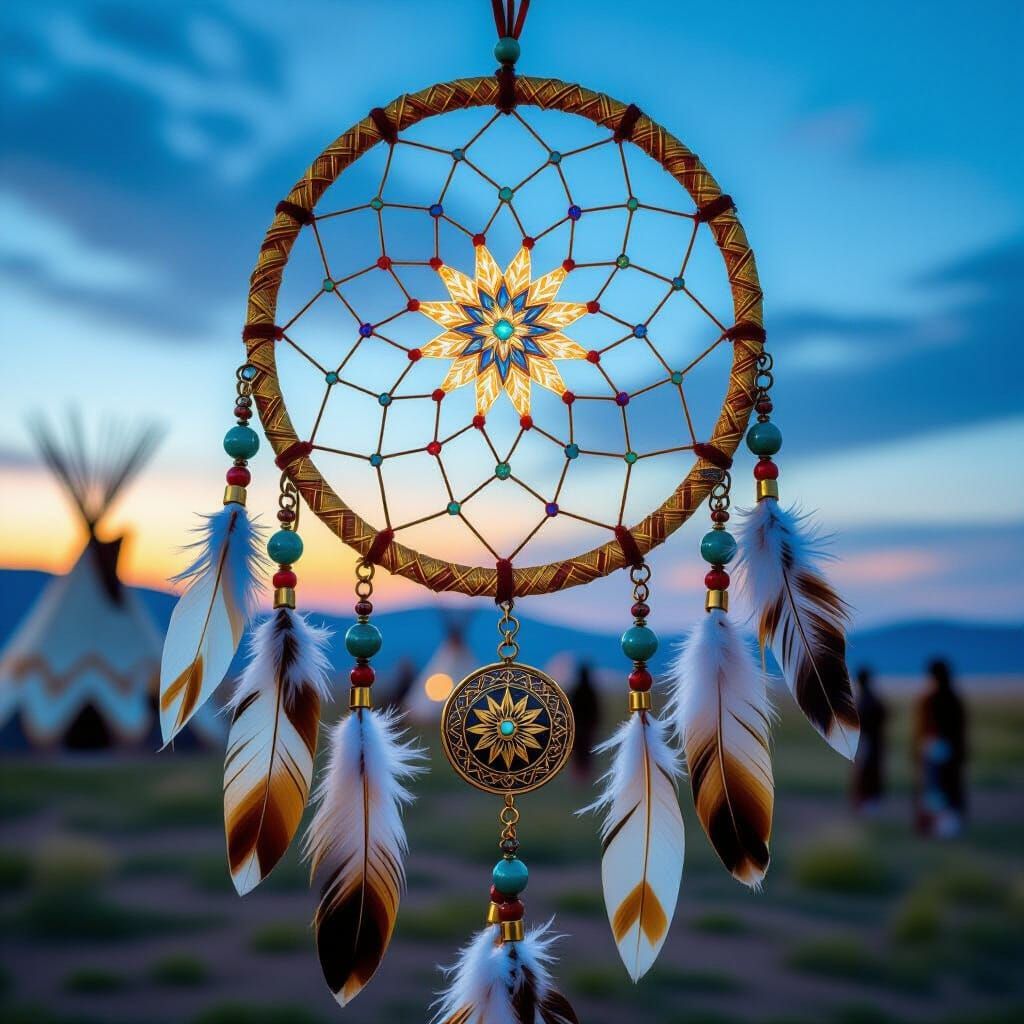 Ornate Dream Catcher with Tribal Village Background