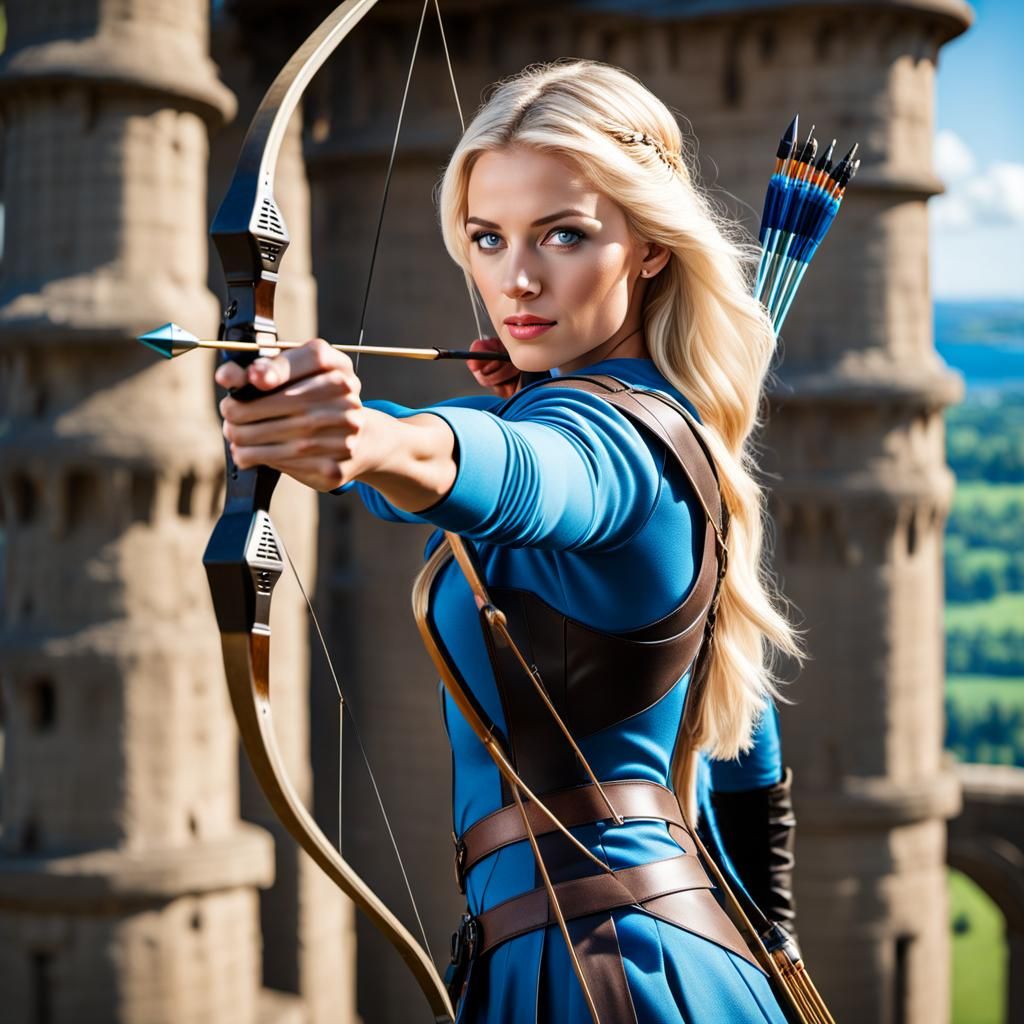 Blonde Archer on Tower in Hyperrealistic Style