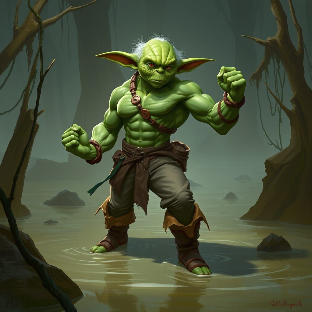 Surreal Star Wars Hero Yoda in Swampy Cyberpunk Landscape