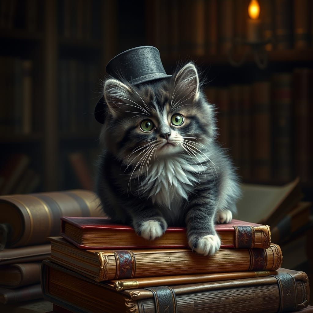 Kitten Librarian in Hyperrealistic Dutch Golden Age Style