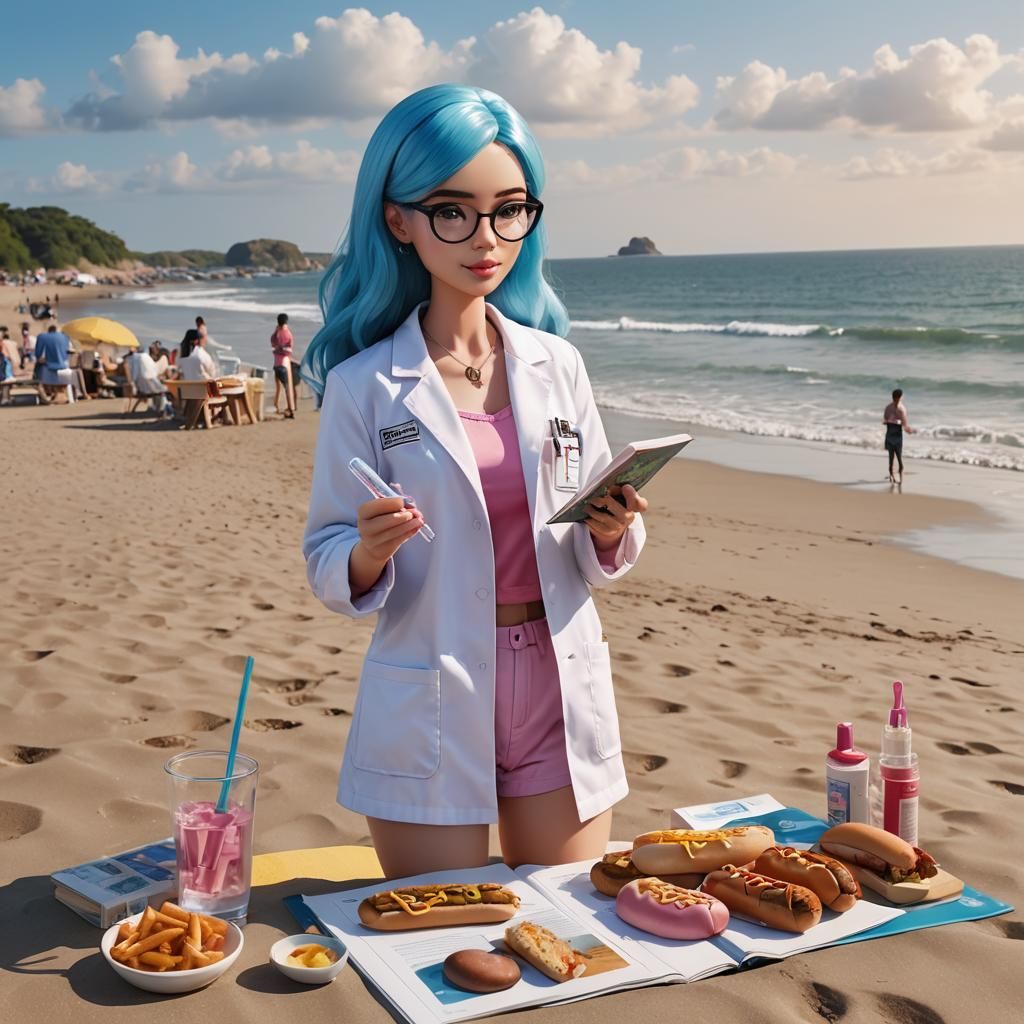Lab Coat Barbie at Beach Hotdog Stand: Anime Art