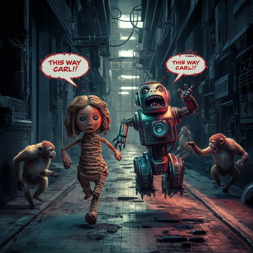 Glitchcorepunk Puppet Escape in Cyber City Alley