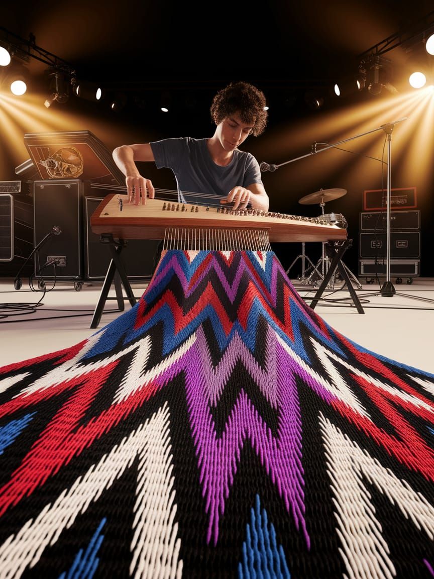 Artist Weaving Fabric on Loom-Zither in Studio