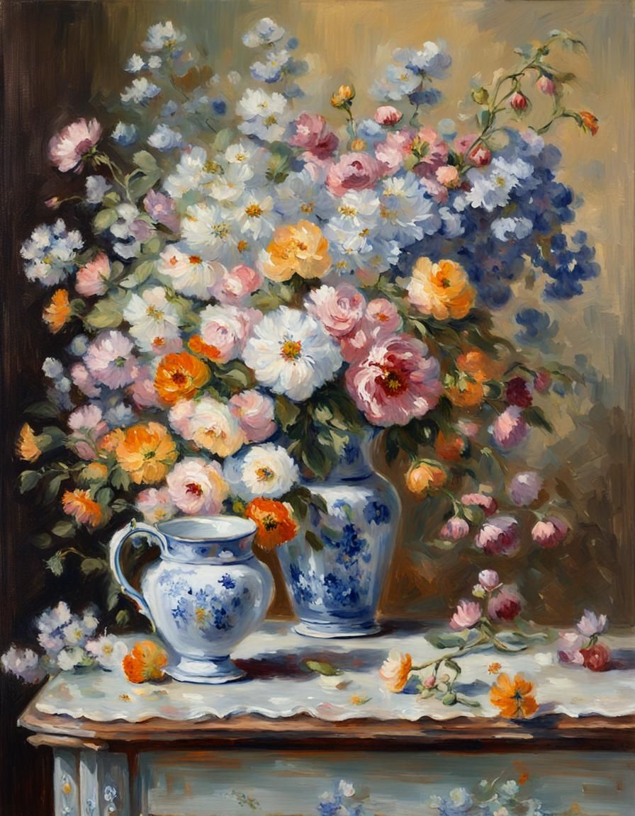 Impressionist Flowers Spill from Porcelain Vase