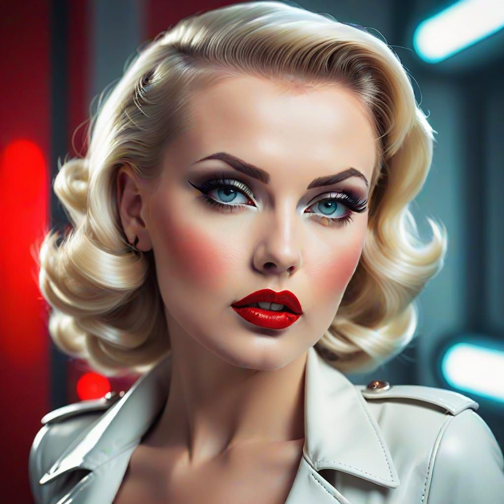 Sultry White Leather Pin-Up Queen in Retro Futurism Style