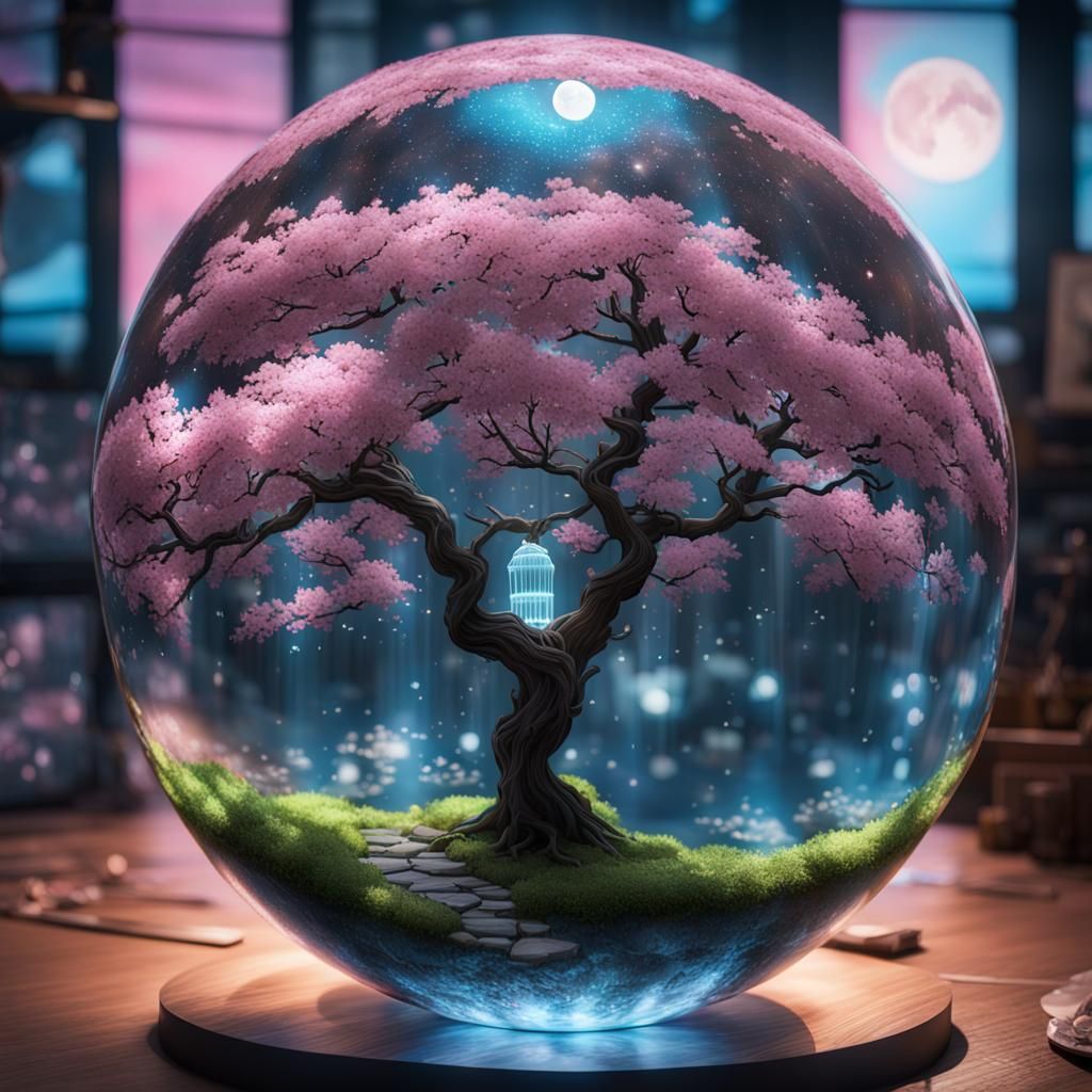 Cyberpunk Cherry Blossom Tree in Glass Orb