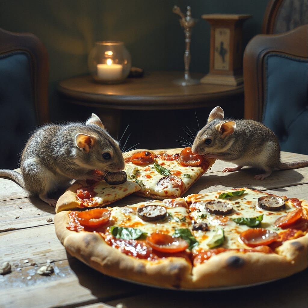 Mice Enjoying Pizza: Photorealistic Detailed Painting