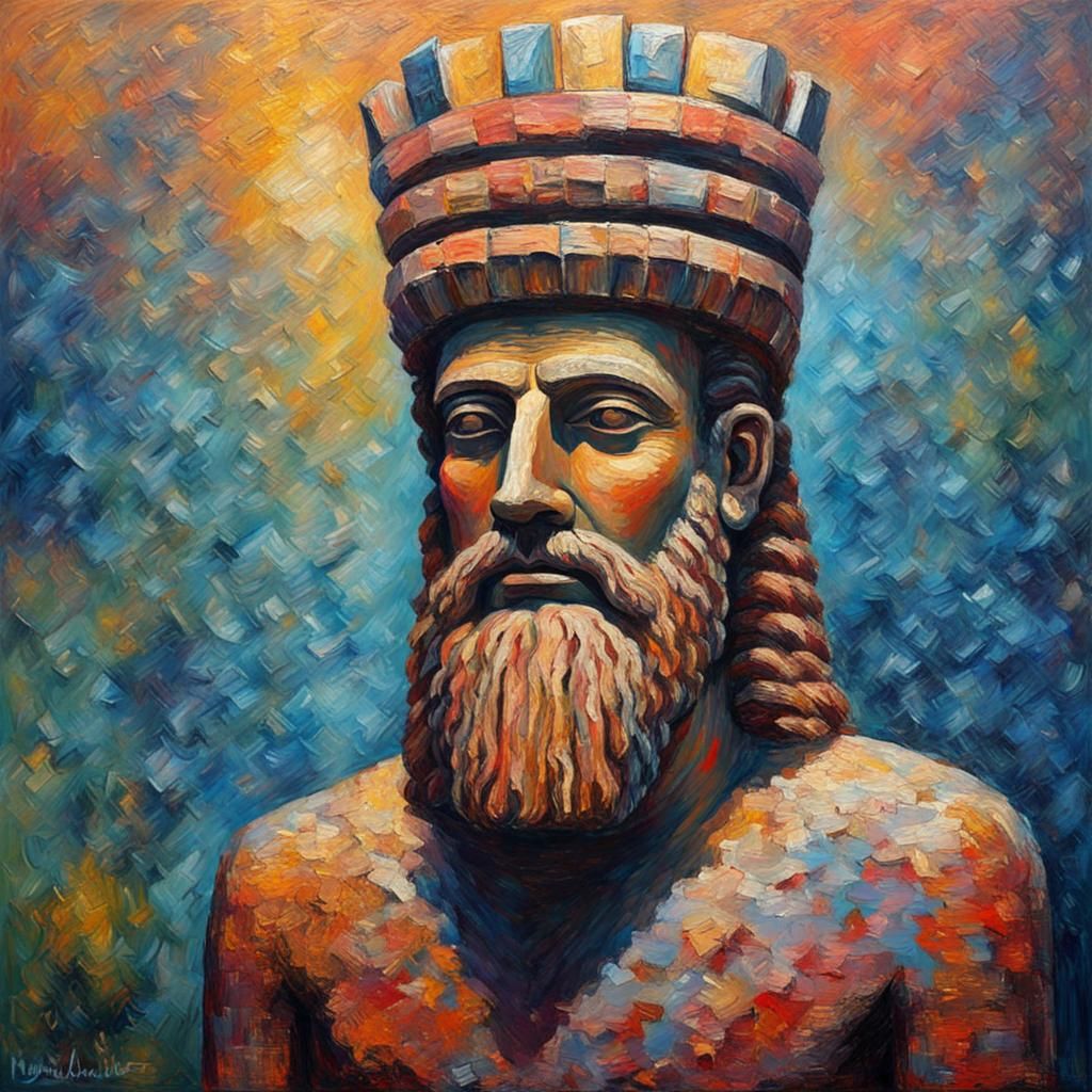 Sumerian King Statue in Expressionist Oil Painting