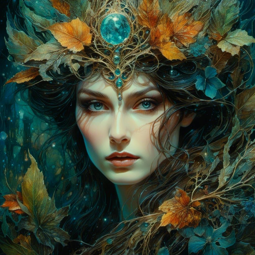 Macabre Forest Witch Portrait with Bioluminescent Smoke