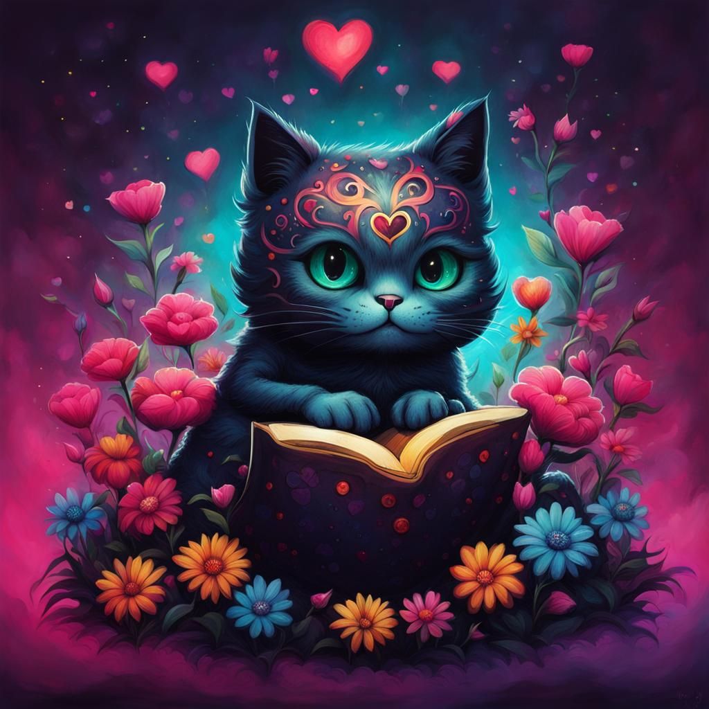Cute Cat Surrounded by Flowers in Pop-Surrealist Style