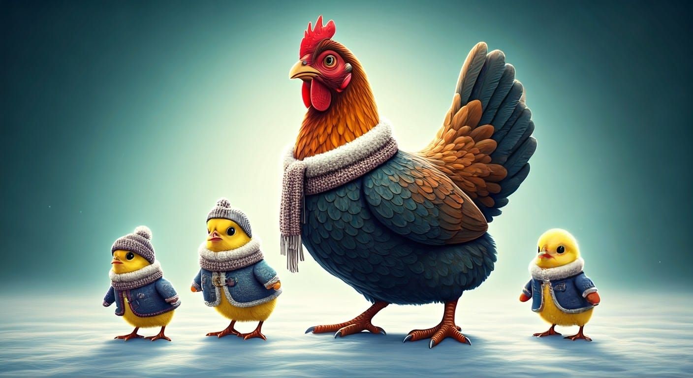 Whimsical Winter Hen and Chicks in 3D