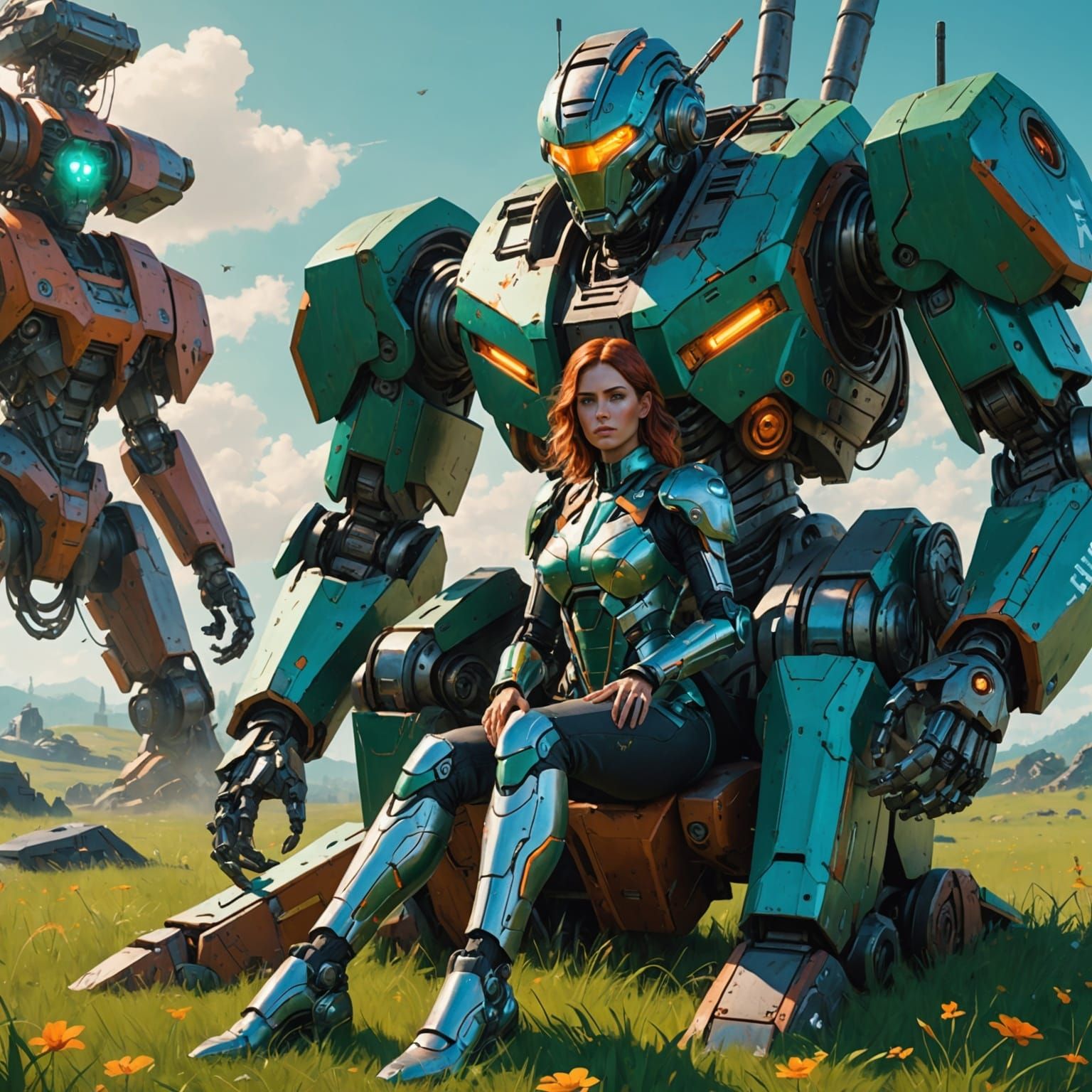 Cyborg Woman in Meadow with Robot, Digital Art