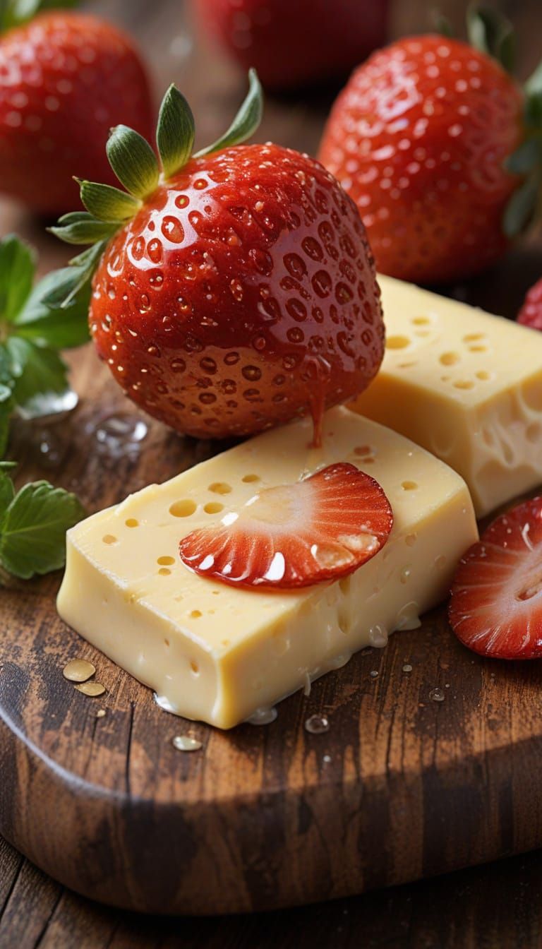 Cheese and Strawberries on Wooden Board, Splatter Art Style