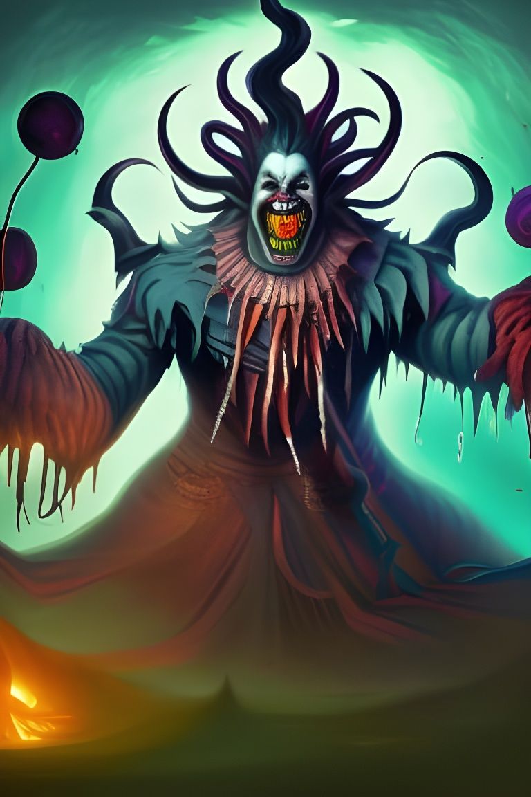 The God of chaos undivided, clown, jester demon, Powerful, eldritch, colourful, 8k resolution, dark fantasy concept art,...