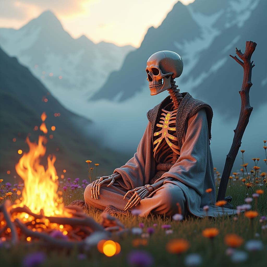 Fantasy Skeleton by Campfire, in 80s Style