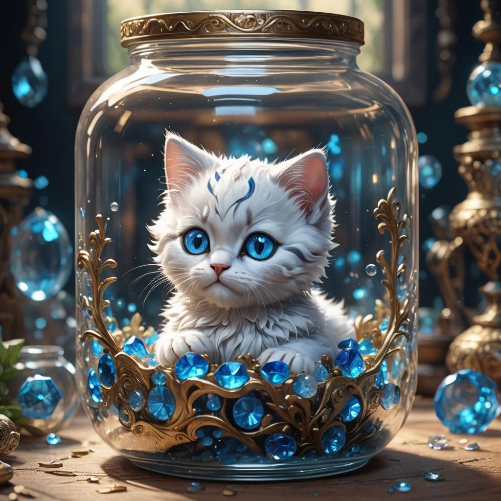 Crystal-Eyed Kitten in Jar: Fantasy Concept Art