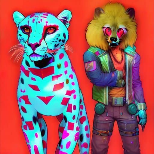 Cyberpunk Cheetah and Lion in Neon Cityscape