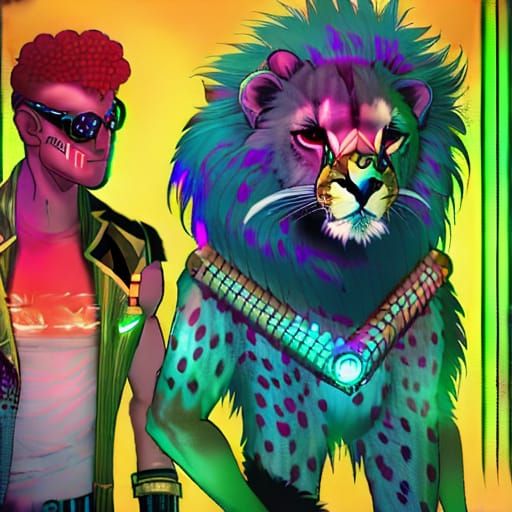 Cyberpunk Gay Cheetah and Lion Embrace in a Futuristic Citys...