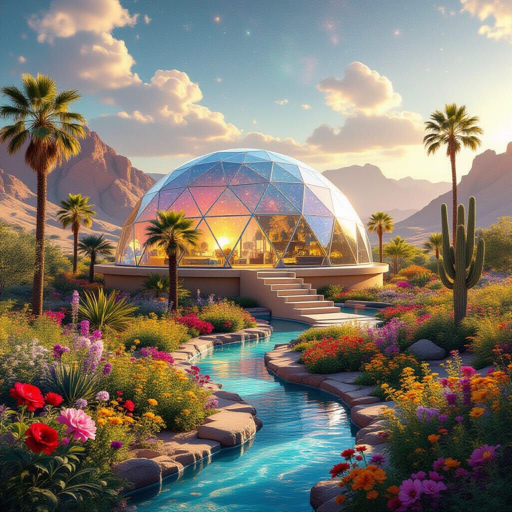Surreal Desert Habitat with Holographic Astral Gardens