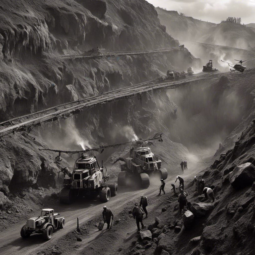 Monochrome Coal Mine Interior with Miners