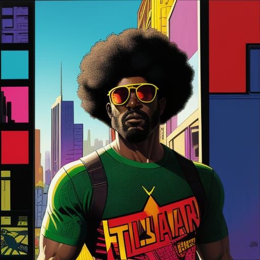 Vibrant 1970s Afro Man in Retro Comic Book Style