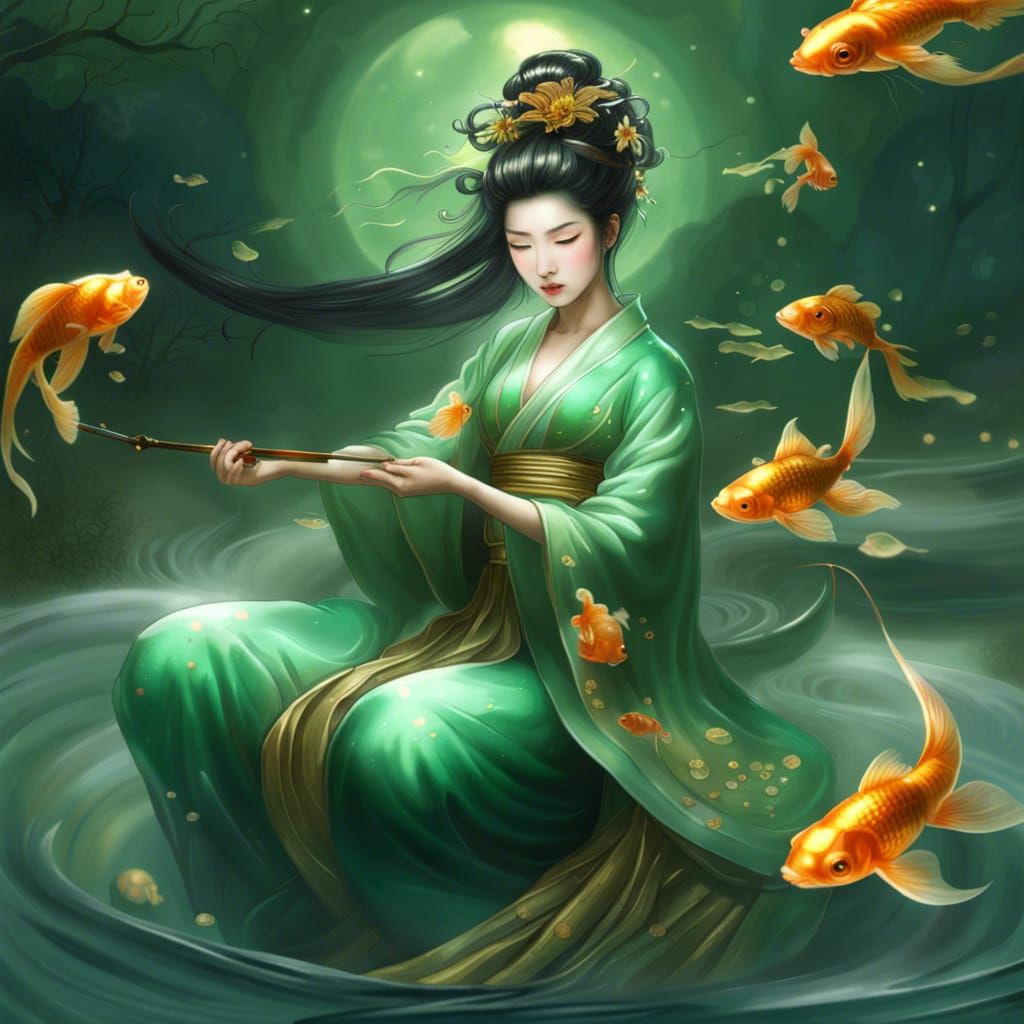 Geisha Goddess with Goldfish: Ethereal Fantasy Art