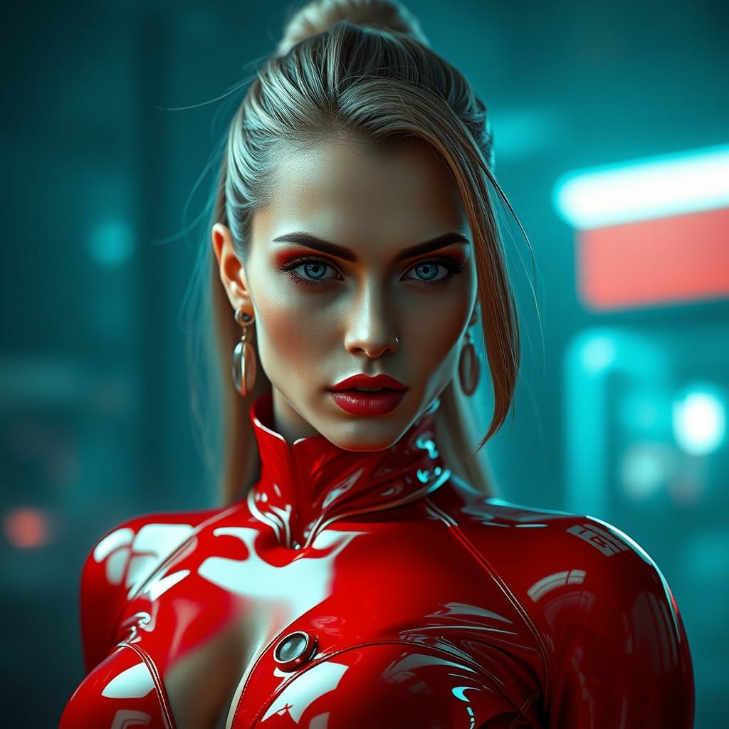 Woman in Red Latex: Futuristic Hyperrealism