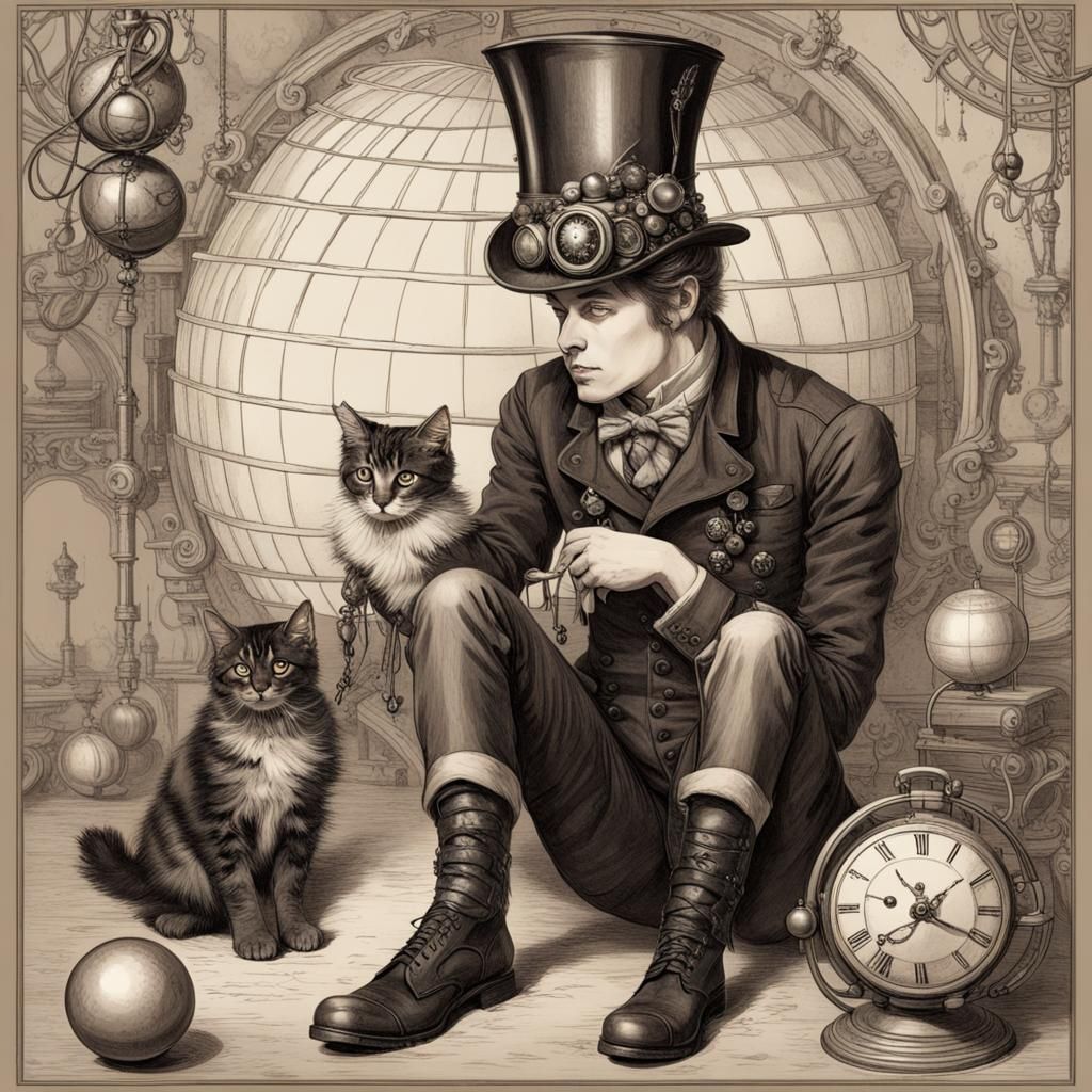 Steampunk Youth with Kitten and Christmas Ornaments