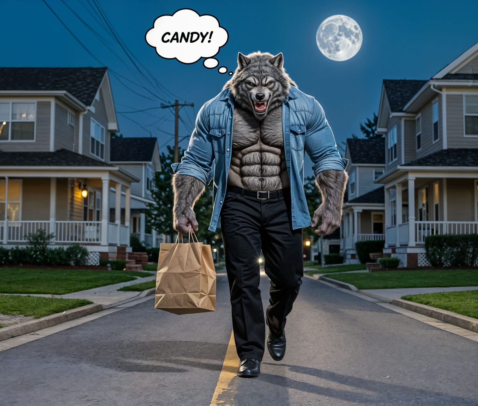 Werewolf Trick-or-Treating Under the Full Moon