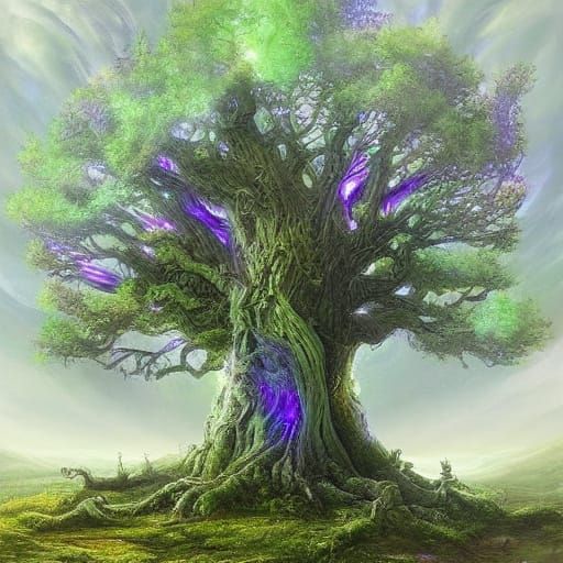 Majestic Ancient Tree With Bioluminescent Leaves In Hidden G...