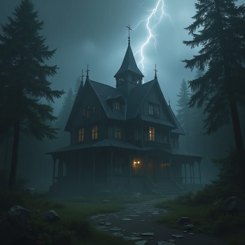 Lightning Strikes Majestic Forest House in Dramatic Style