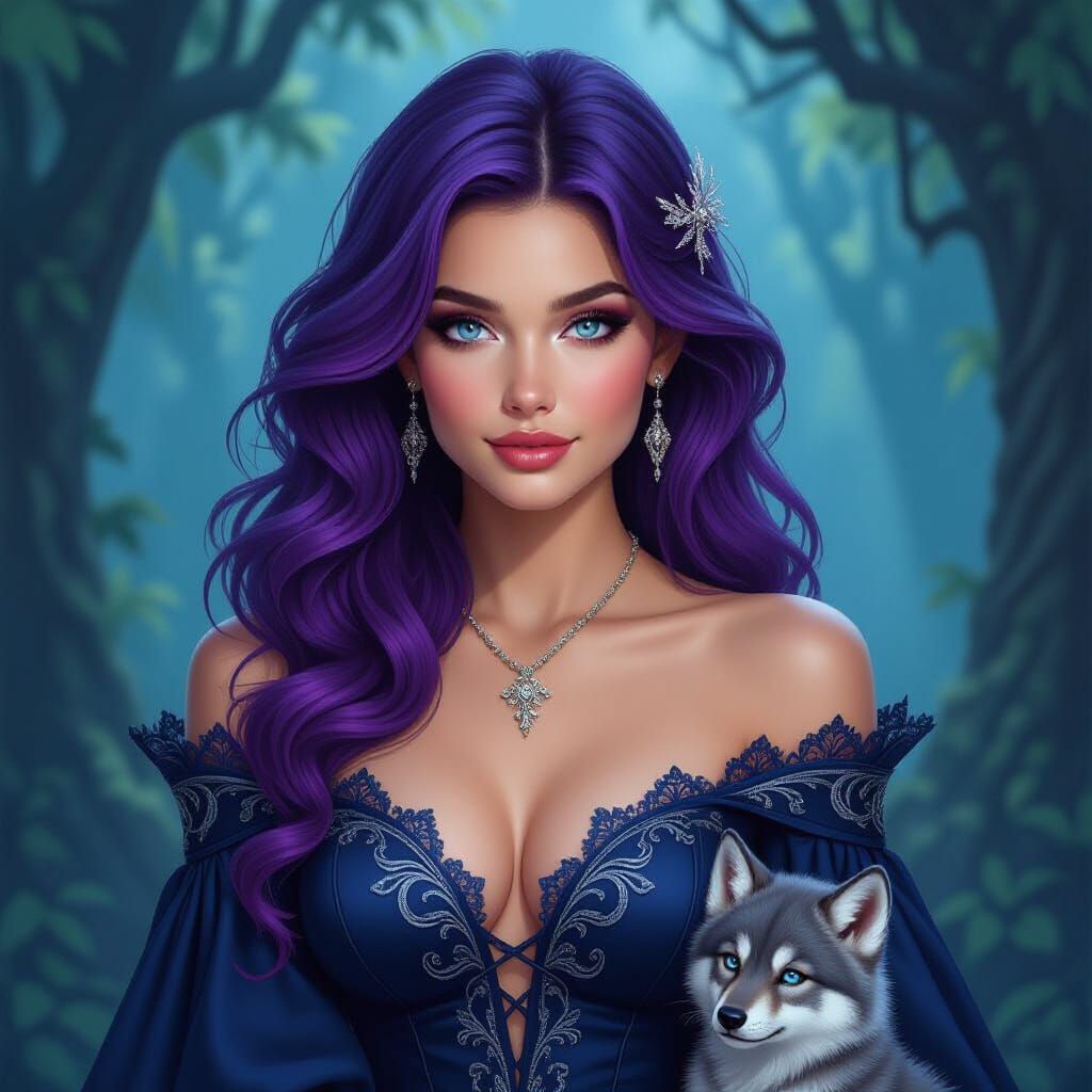 Fantasy Princess with Purple Hair and Silver Wolf Pup