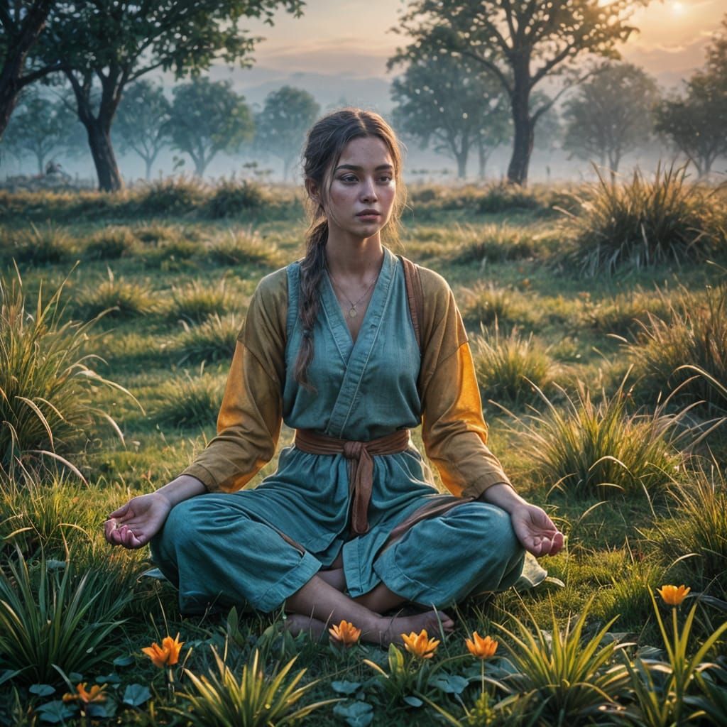 Woman Meditating at Dawn: Fantasy Concept Art