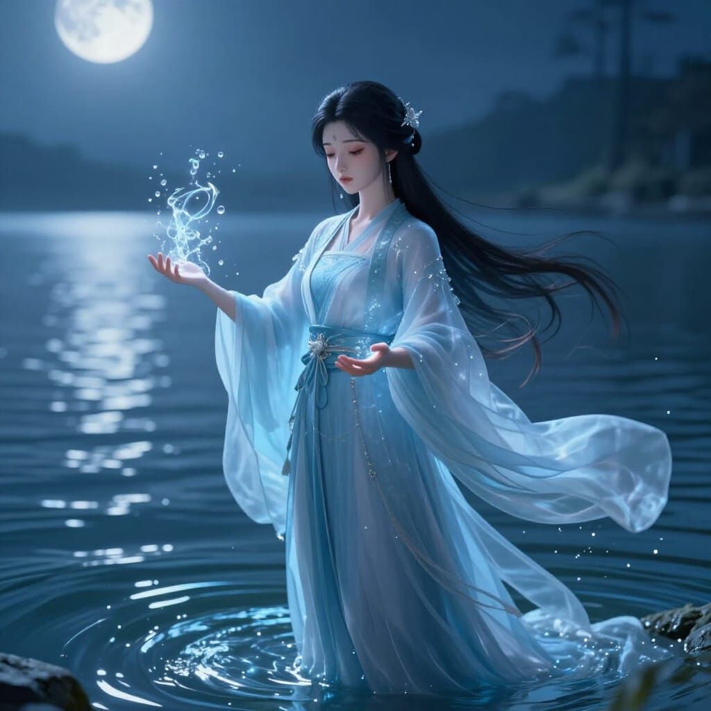 Mysterious Water Mage Controlling Elements by Moonlight