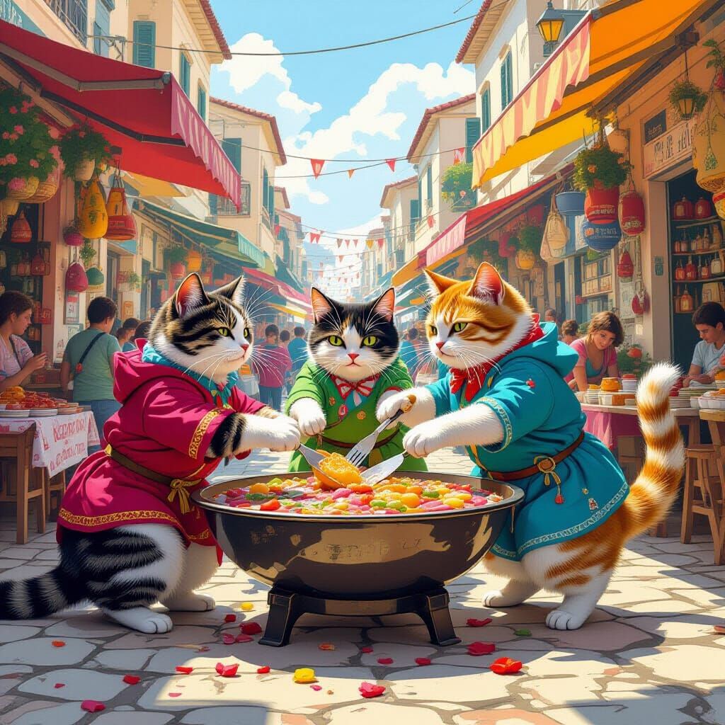 Cats Brawl Over Souvla in Whimsical Market Scene