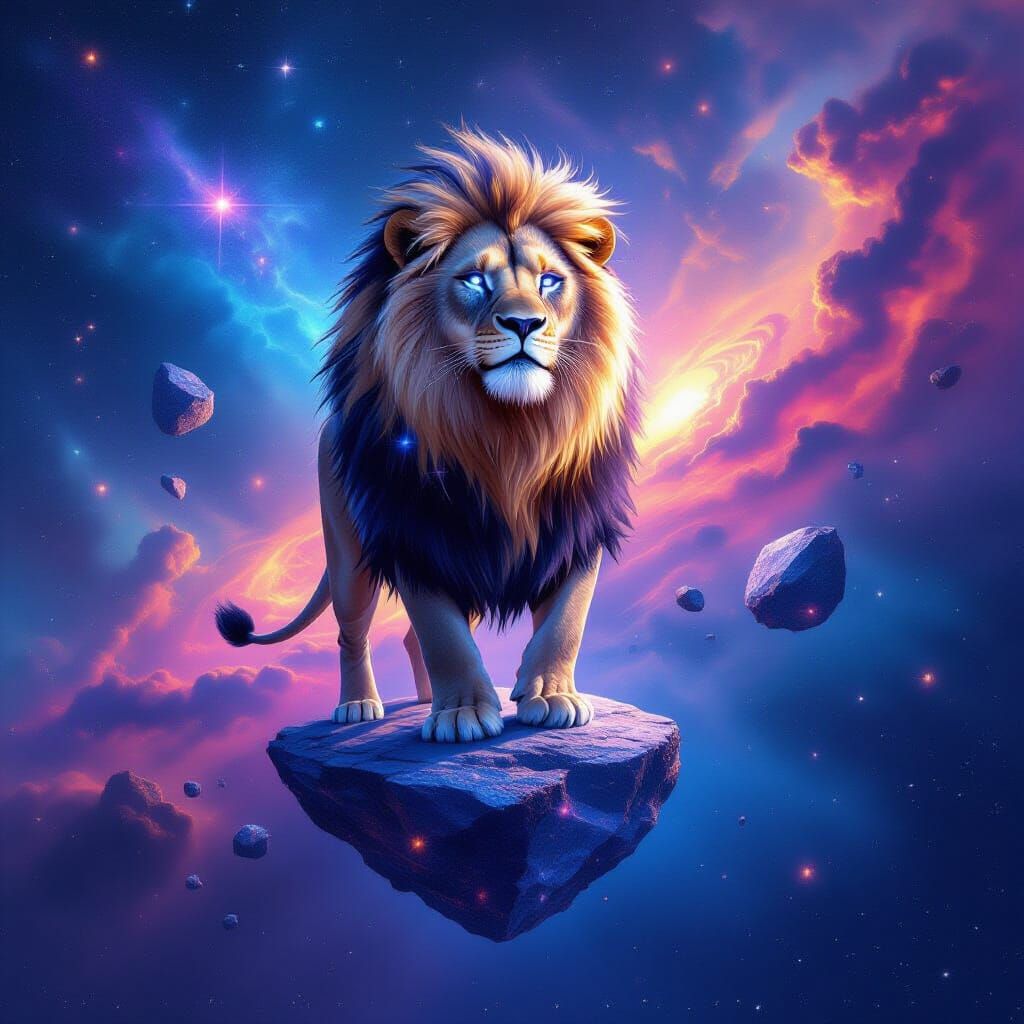 Cosmic Lion with Starlight Mane in Surreal Style