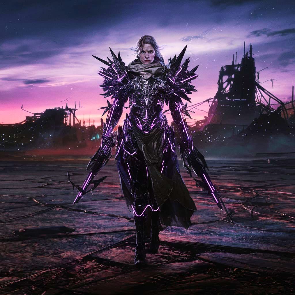 Warrior Queen in Futuristic Ruins, Dark Fantasy Sci-Fi Art
